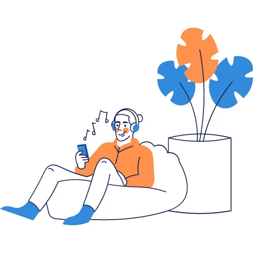 An icon of a person sitting on a bean bag next to a plant and listening to some music. The person is smiling and relaxing. (1)